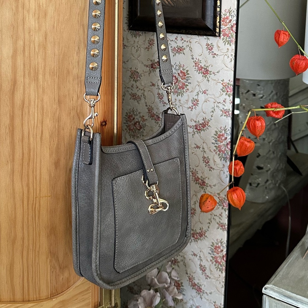Steve Madden Leather, Taupe, Studded bag 8”/20.32cm high, 7”/17.78cm wide, $45